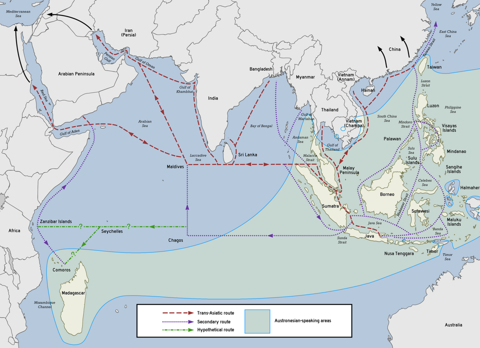 A map illustrating global maritime trade routes between the Middle East and Asia.